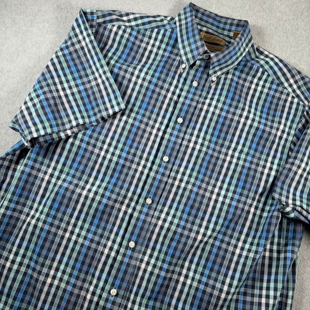Roundtree & Yorke Button Down Mens XLT Blue Plaid Gold Label Non-Iron SS Shirt